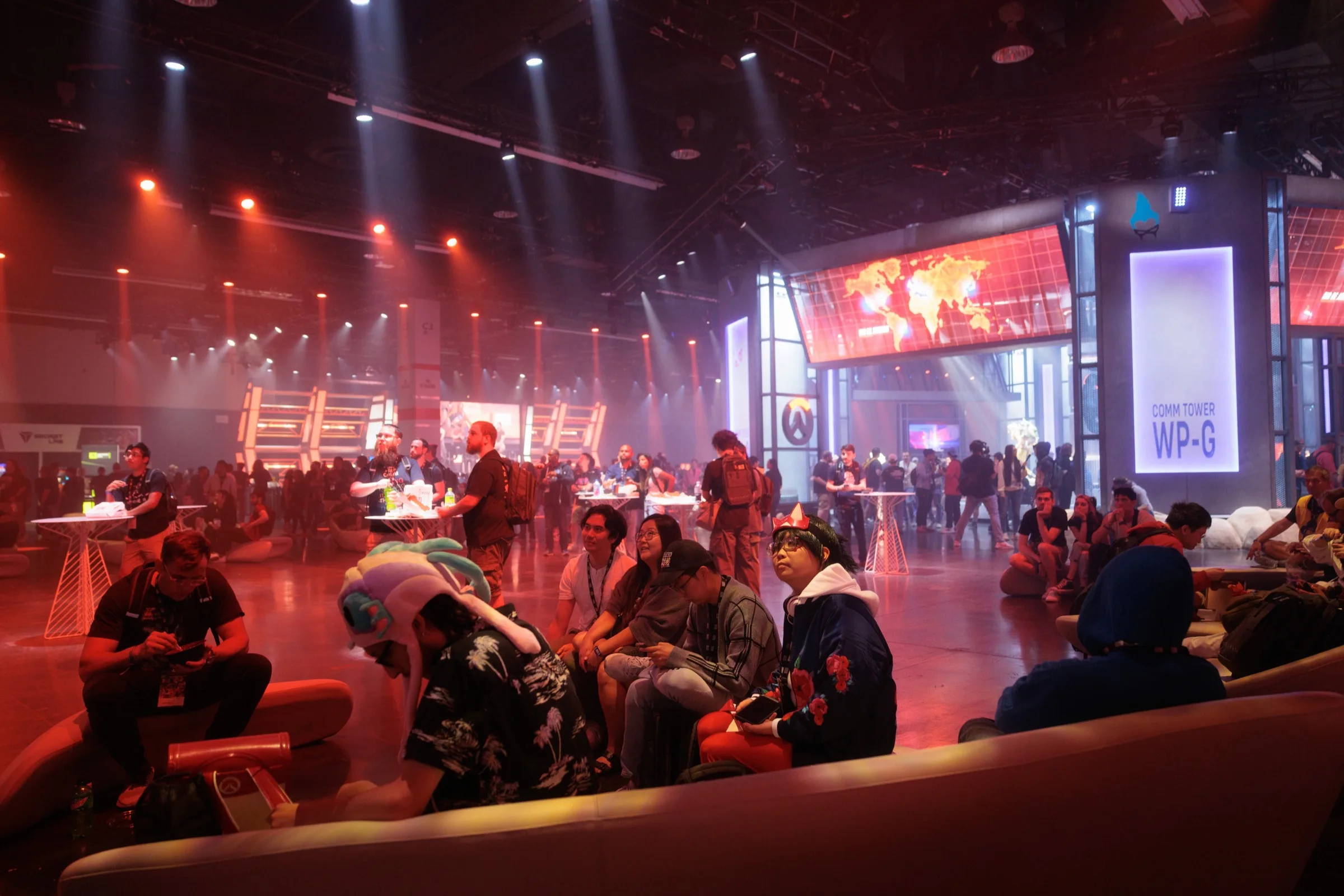 The Overwatch zone: scenic comm tower and LED map wall over the lounge