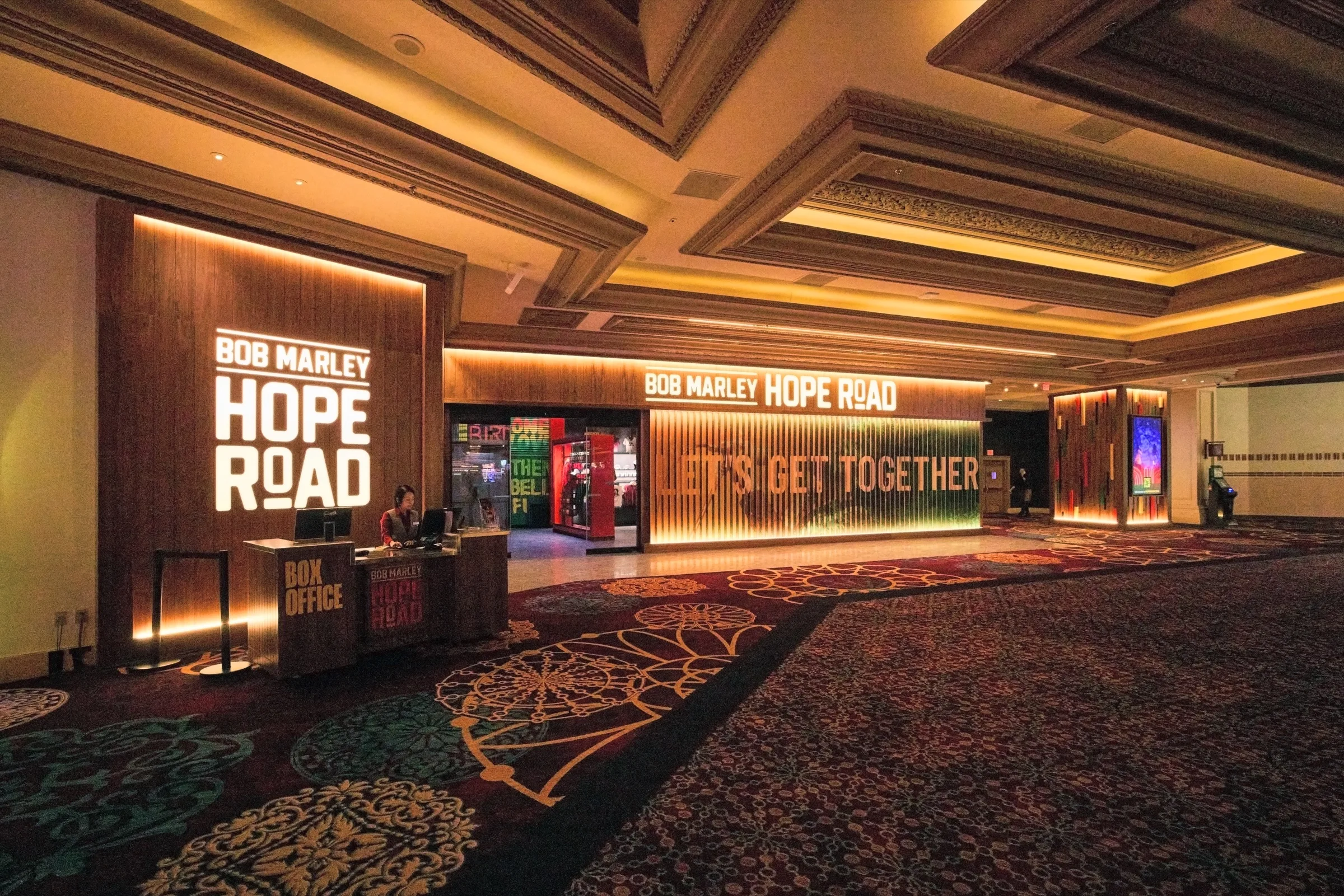 The backlit Bob Marley Hope Road box-office lobby