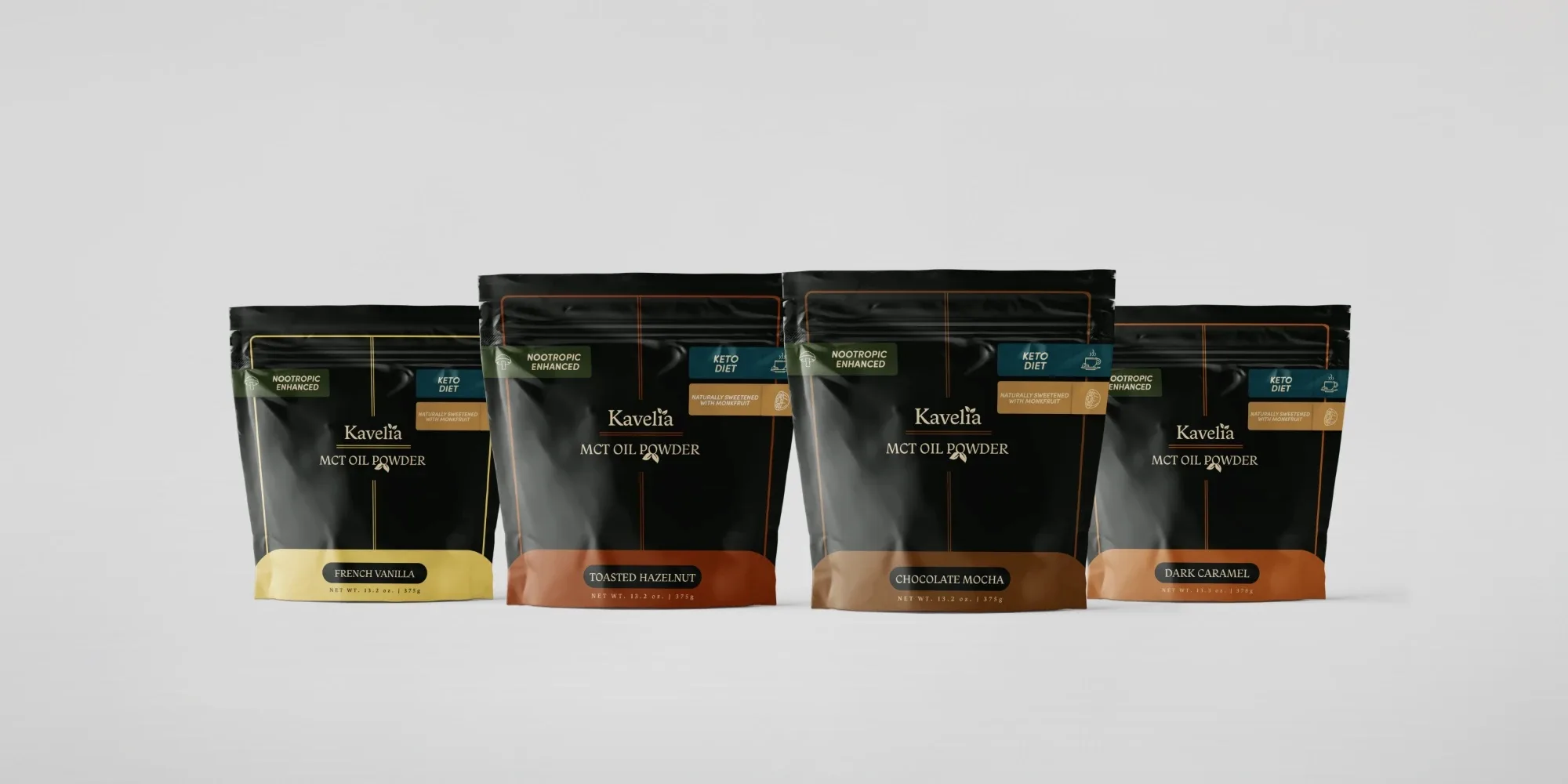The Kavelia MCT oil powder lineup across four flavors