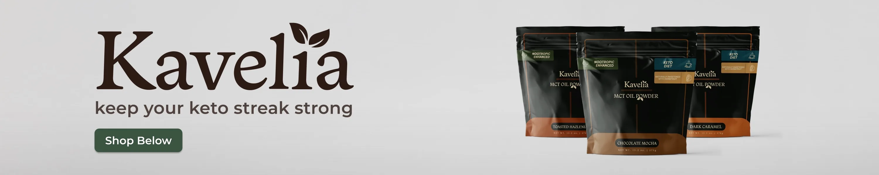 The Kavelia brand-store header: wordmark, voice, and product lineup
