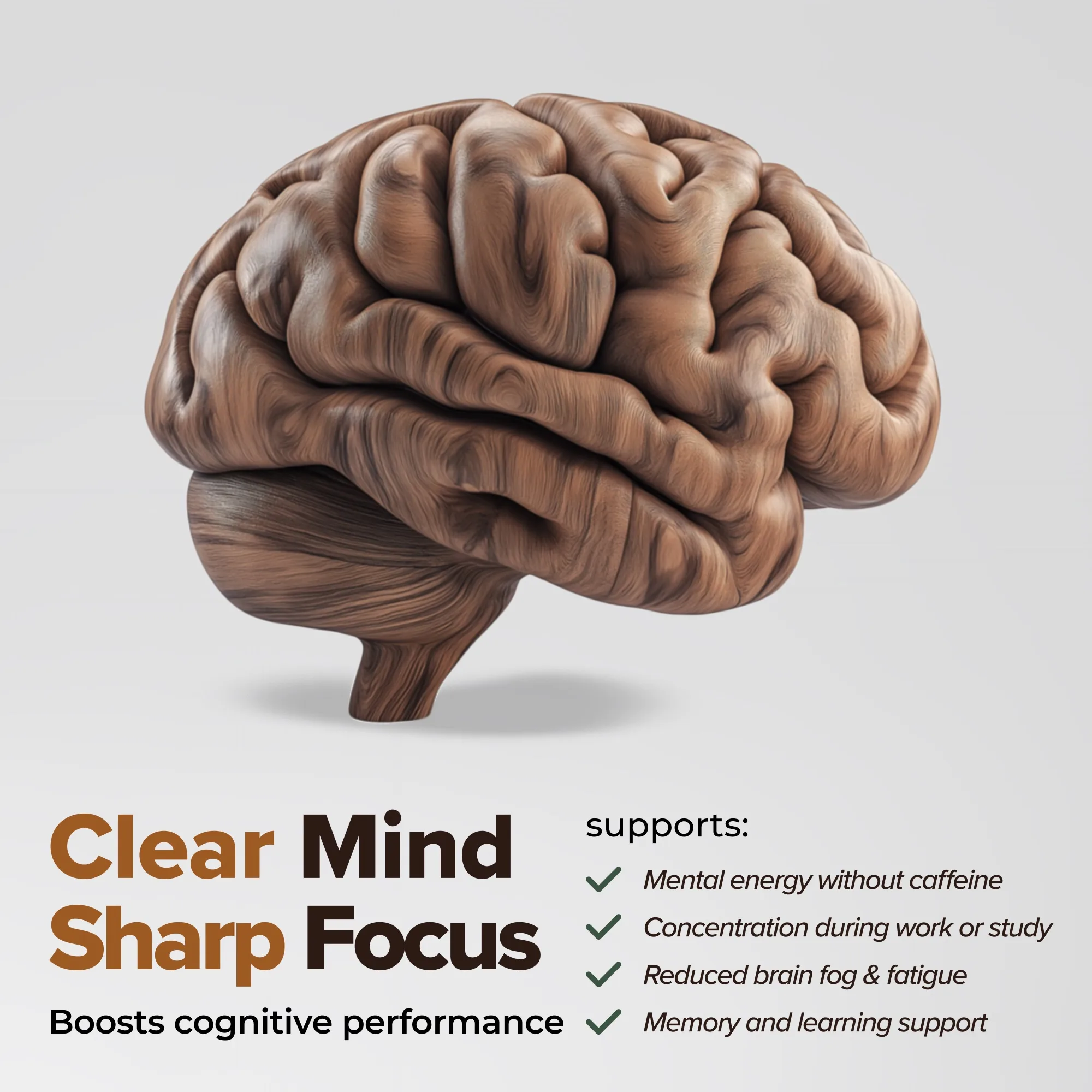 Listing tile: a brain carved from walnut wood for clear mind, sharp focus