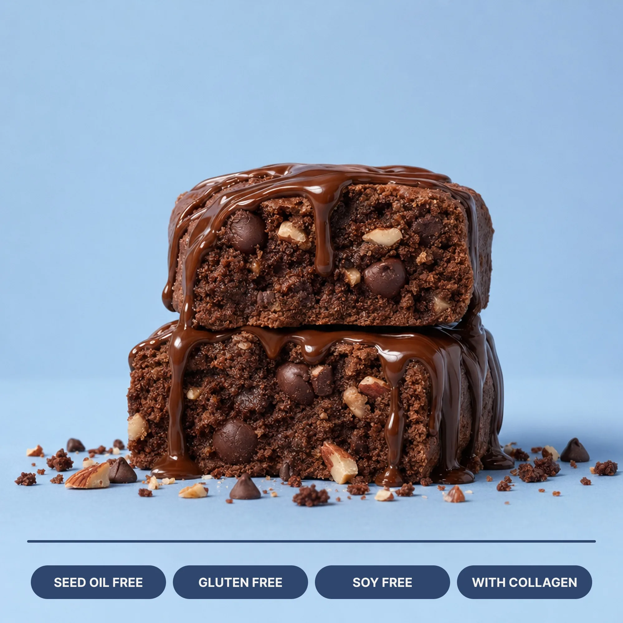 Chocolate almond brownie cross-section with benefit badges on blue