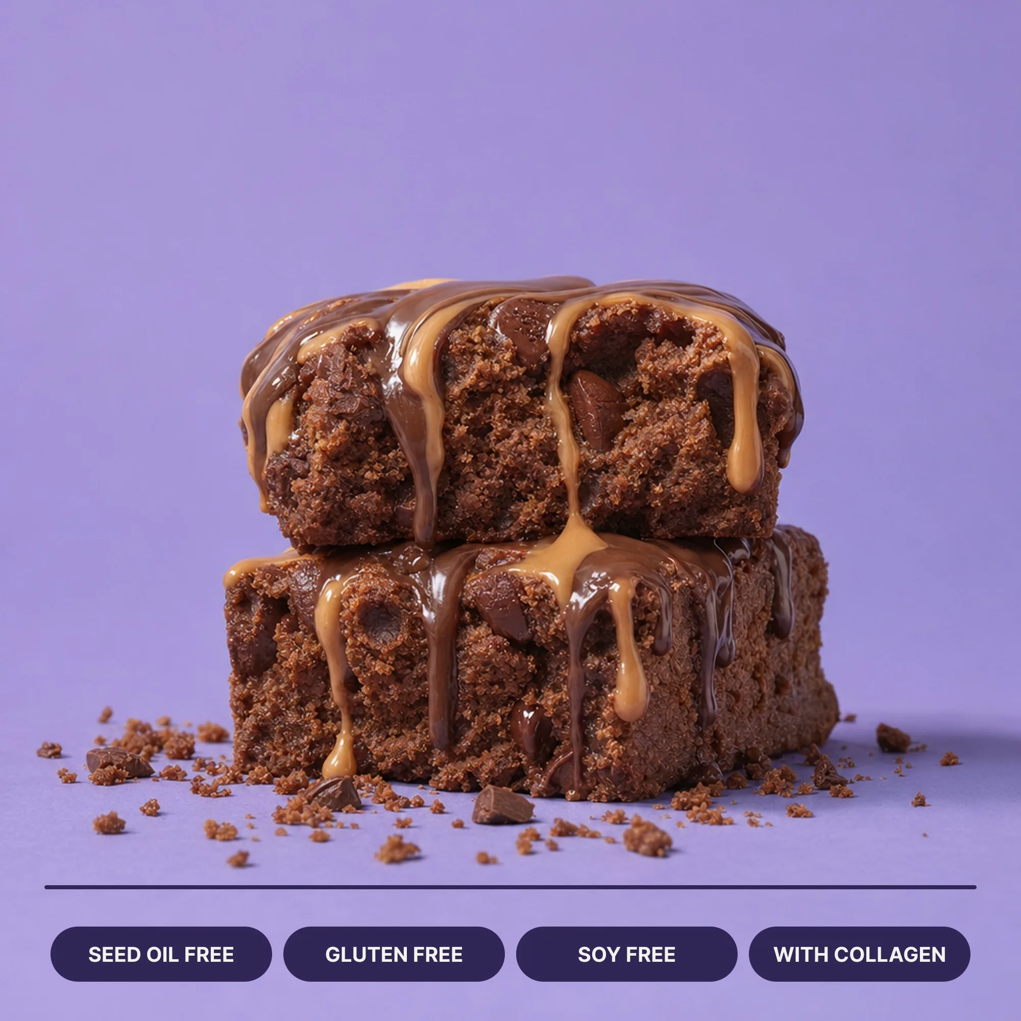 Chocolate peanut butter pie cross-section with benefit badges on purple