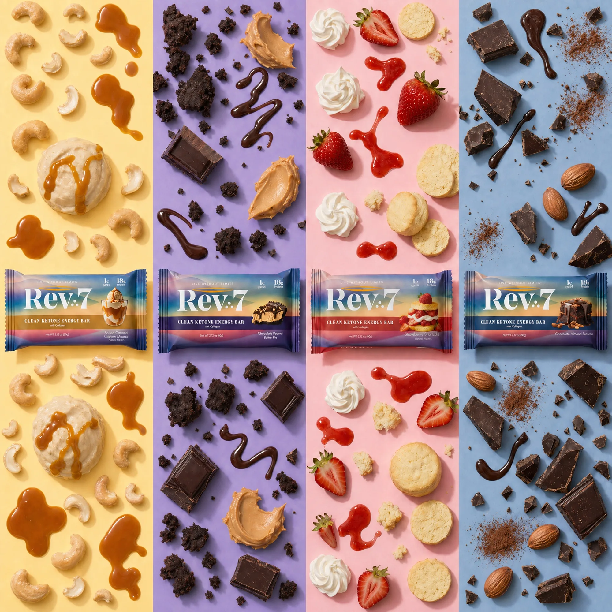 All four Rev7 flavor wrappers on color-blocked ingredient spreads
