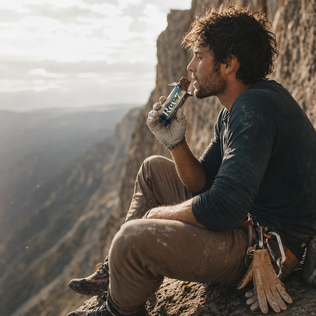 Climber eating a Rev7 bar on a cliff at golden hour