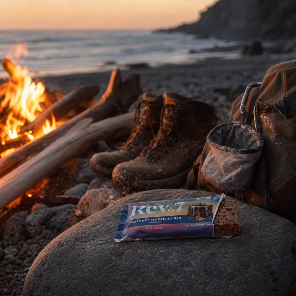 Rev7 bar on a rock beside a beach campfire