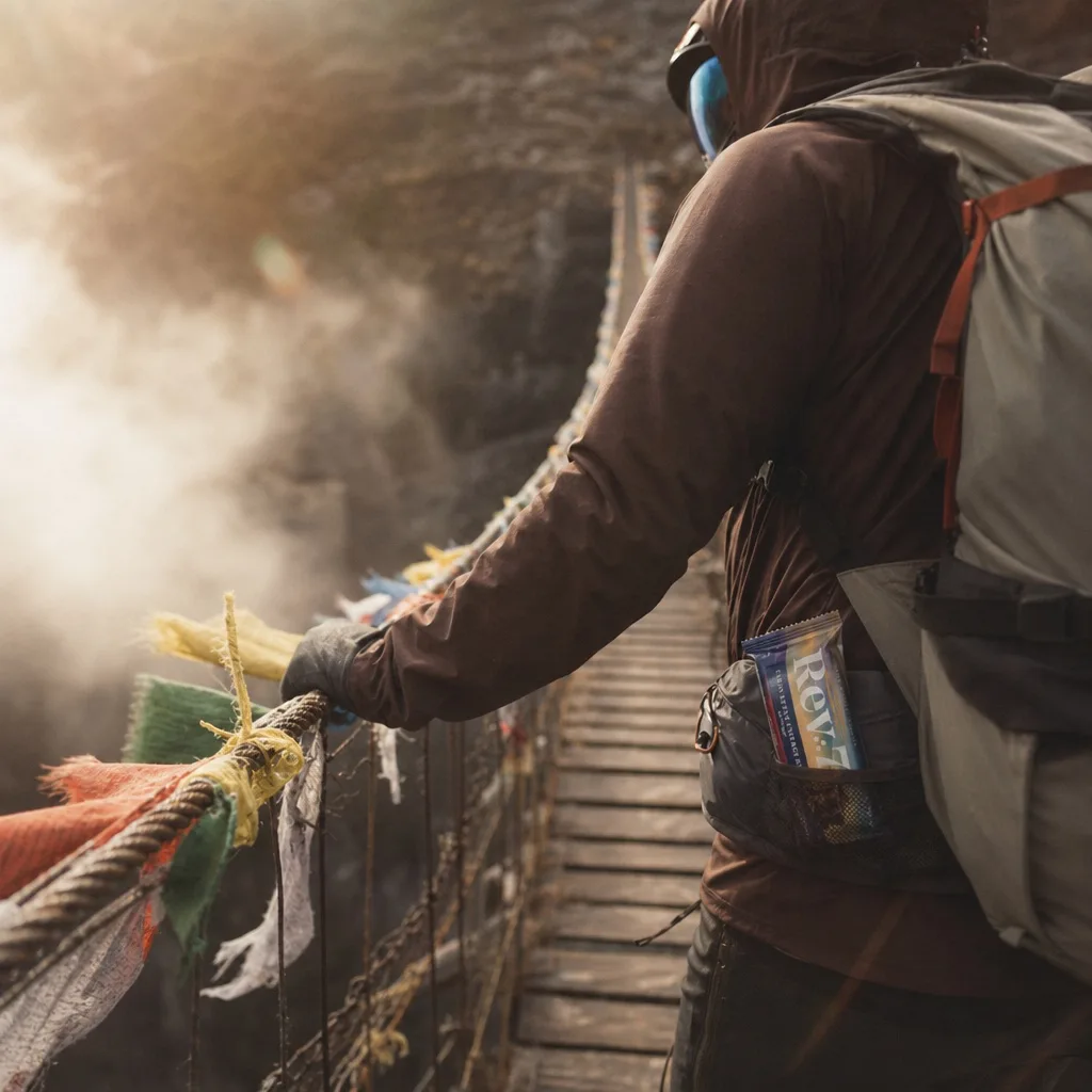 Hiker crossing a suspension bridge with a Rev7 bar in a hip pack