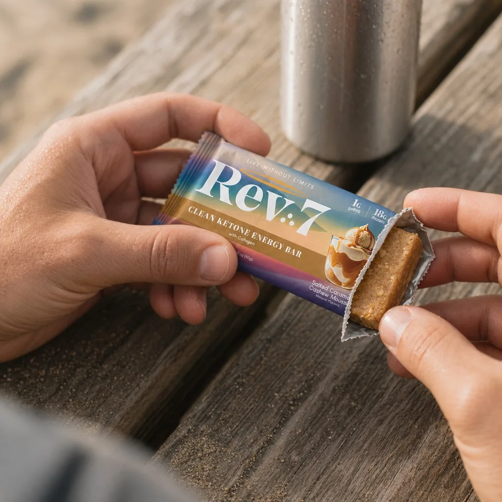 Hands tearing open a salted caramel Rev7 bar
