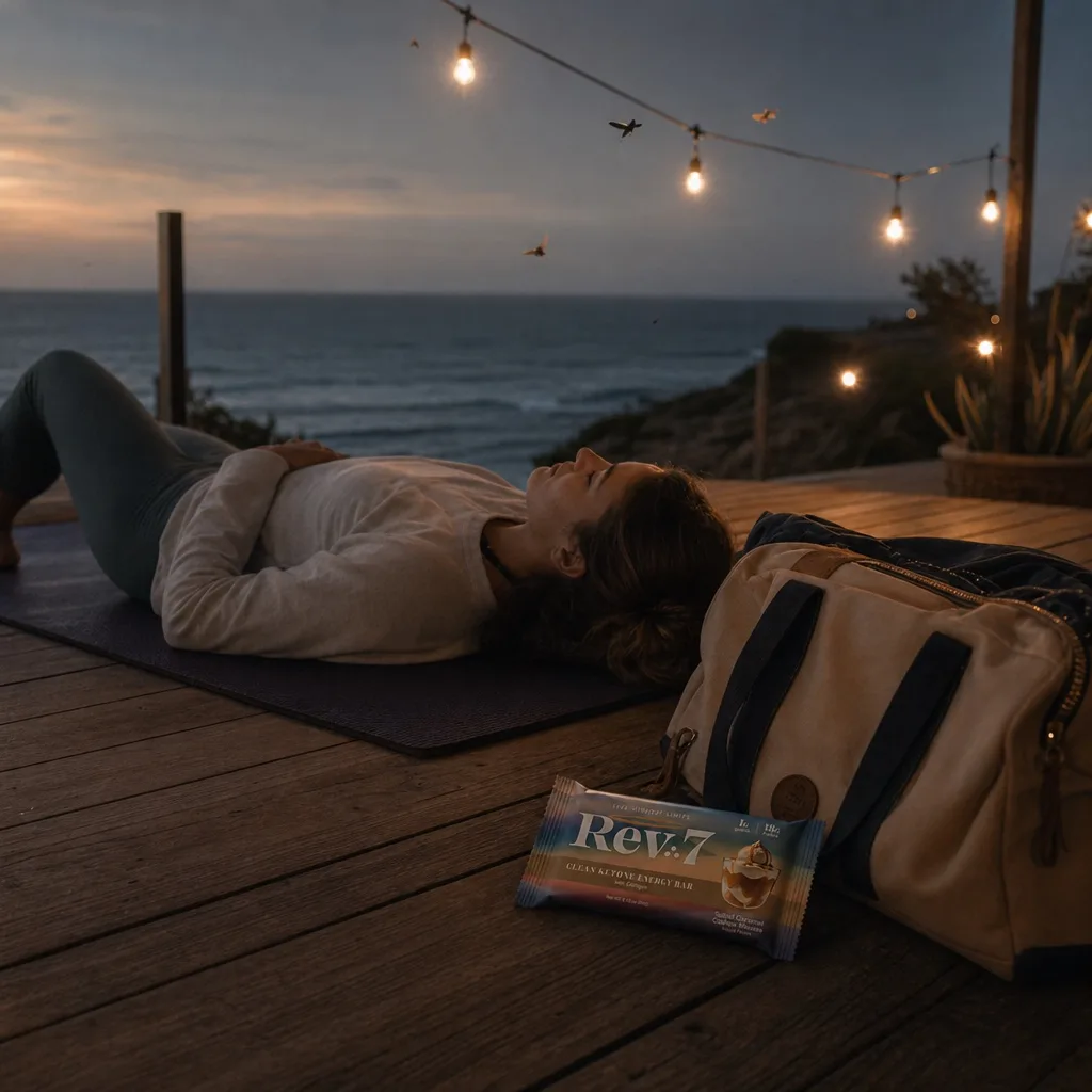 Woman on a yoga mat at dusk under string lights