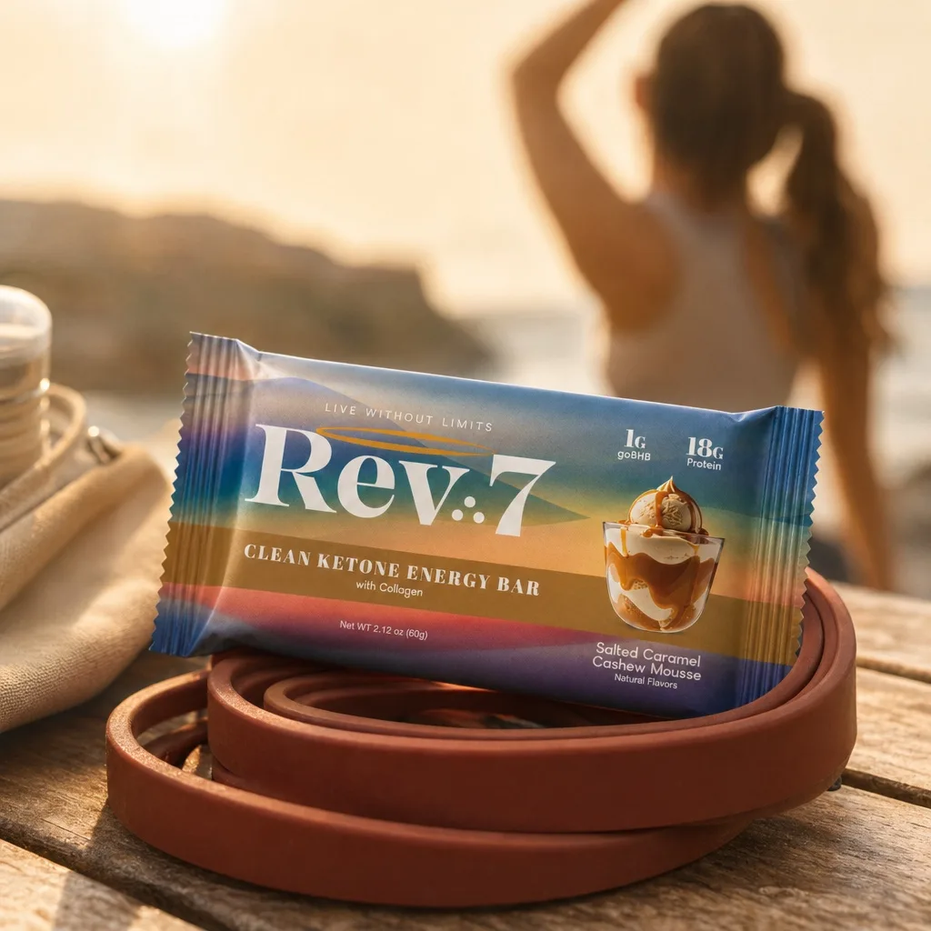 Rev7 bar resting on a rolled yoga mat at beach sunrise