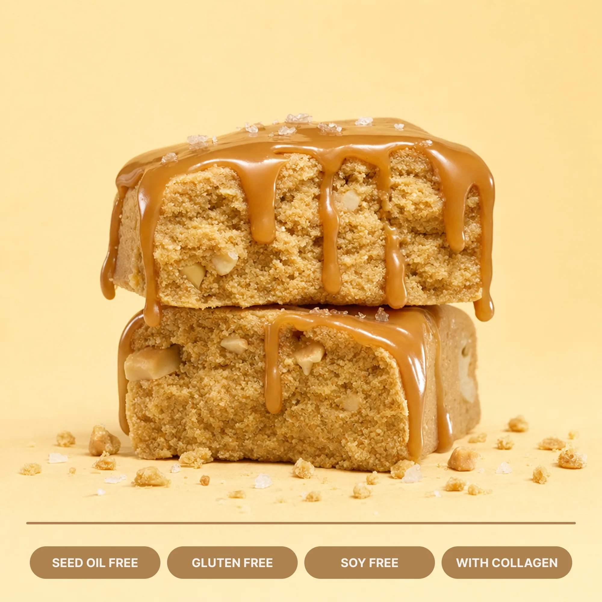 Salted caramel bar cross-section with benefit badges on yellow