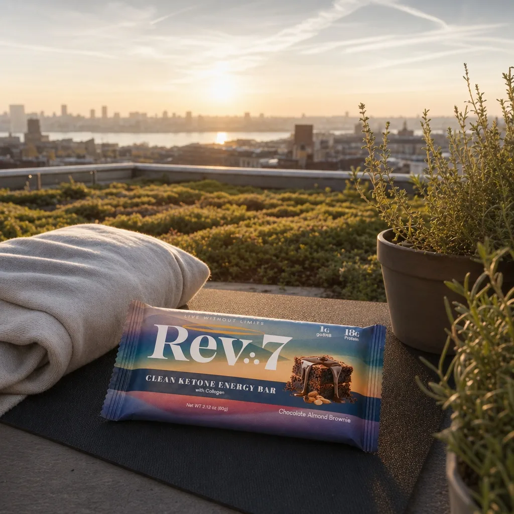 Rev7 bar on a rooftop yoga mat at city sunset