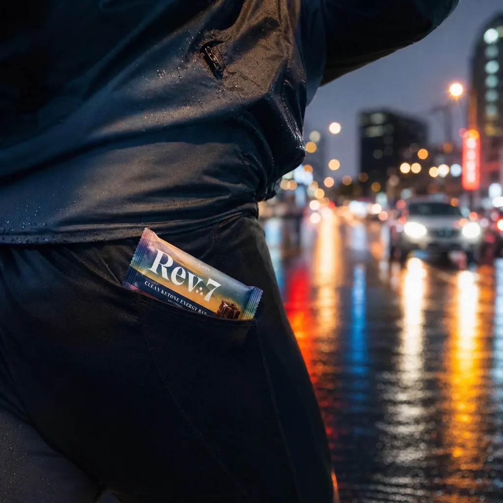 Rev7 bar in a runner's tights pocket on a rainy city street
