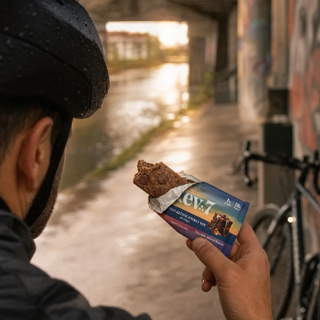 Cyclist holding a torn-open Rev7 bar under a canal underpass